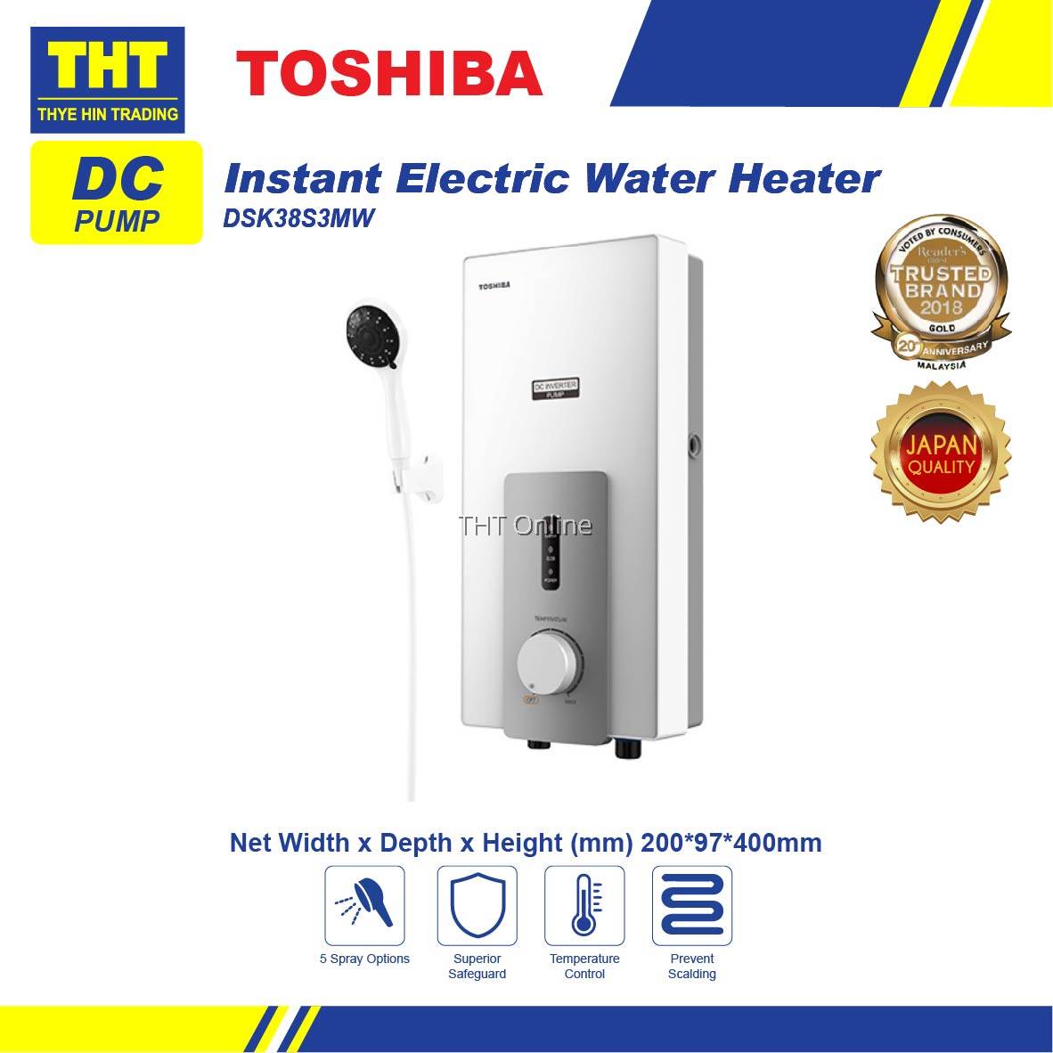 Toshiba Instant Water Heater (DC Pump) 5 Shower Mode Water Heater DSK38S3MW