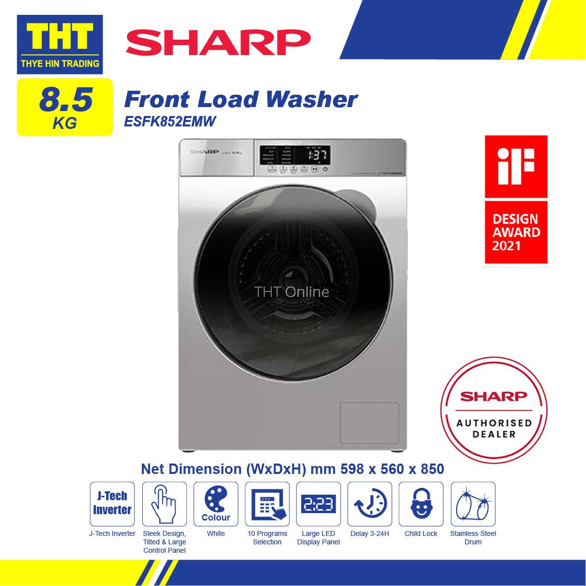 [ 8.5KG] Sharp Front Load Washing Machine ESFK852EMW