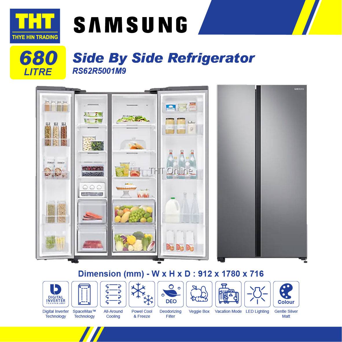 [680L] Samsung Side By side With SpaceMax Fridge RS62R5001M9/ME