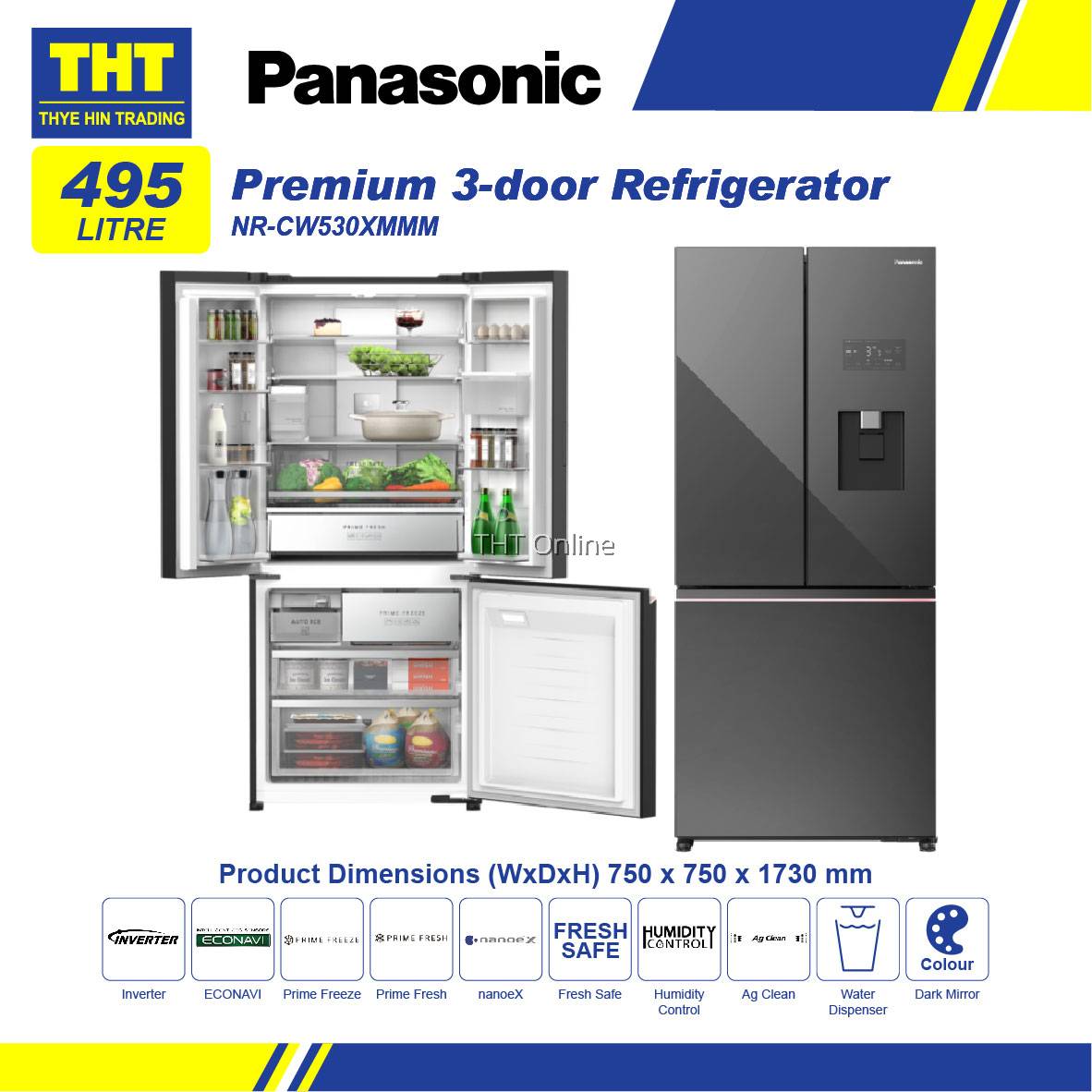 [495L] Panasonic PRIME+ EDITION PREMIUM 3 Door Refrigerator NRCW530XMMM