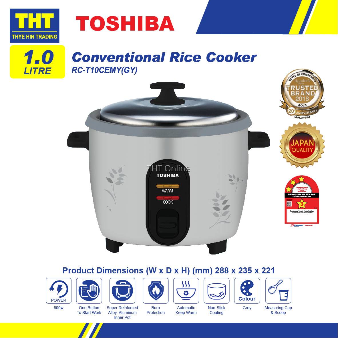 Toshiba 1.0L Non Stick Rice Cooker RCT10CEMY