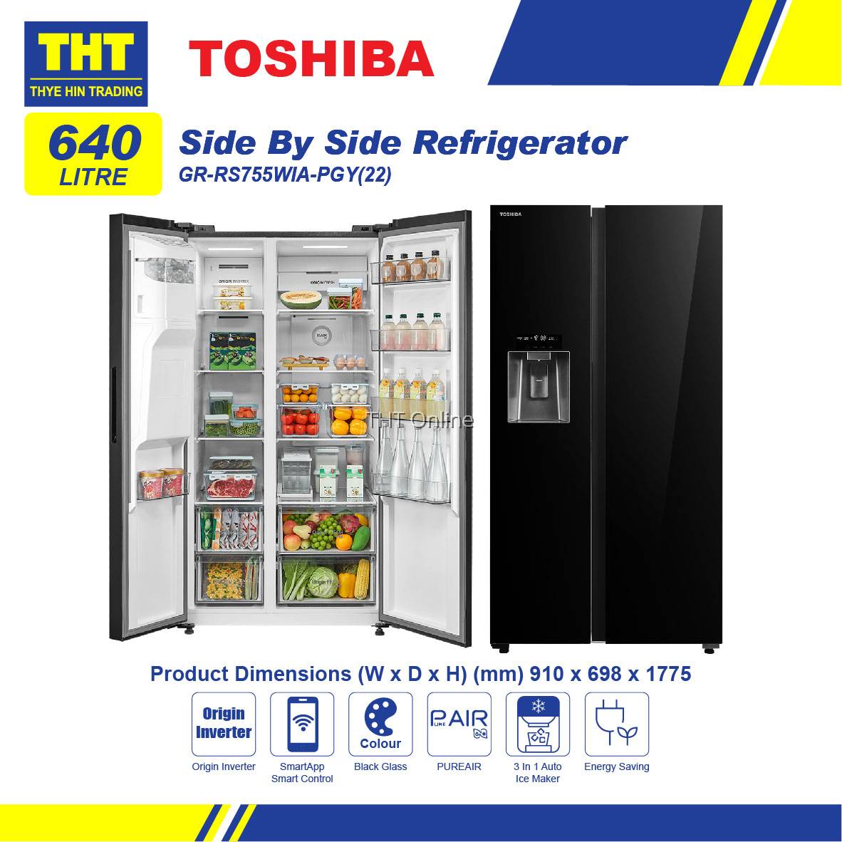 640L] Toshiba Side By Side With Automatic Ice & Water Dispenser GR