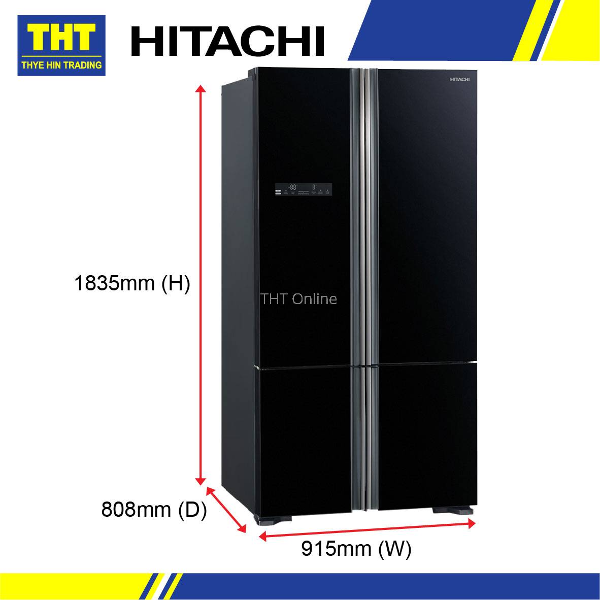 [700L] Hitachi Fridge 4 Doors Inverter Bottom Freezer Glass Black R