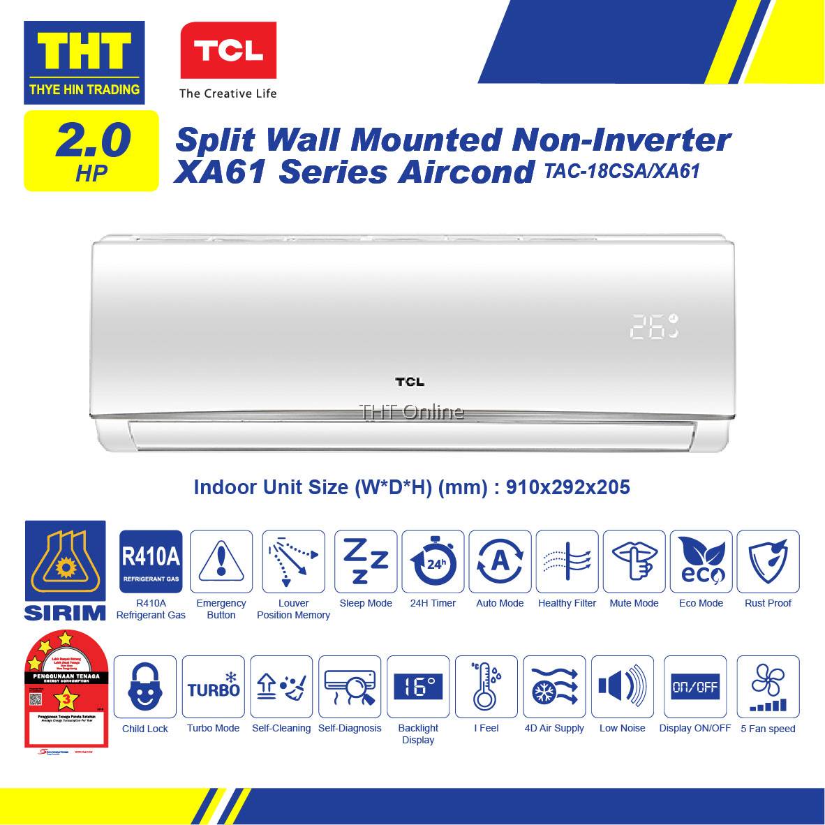 TCL 2.0HP Non Inverter Air Conditioner R410A (INDOOR & OUTDOOR) TAC