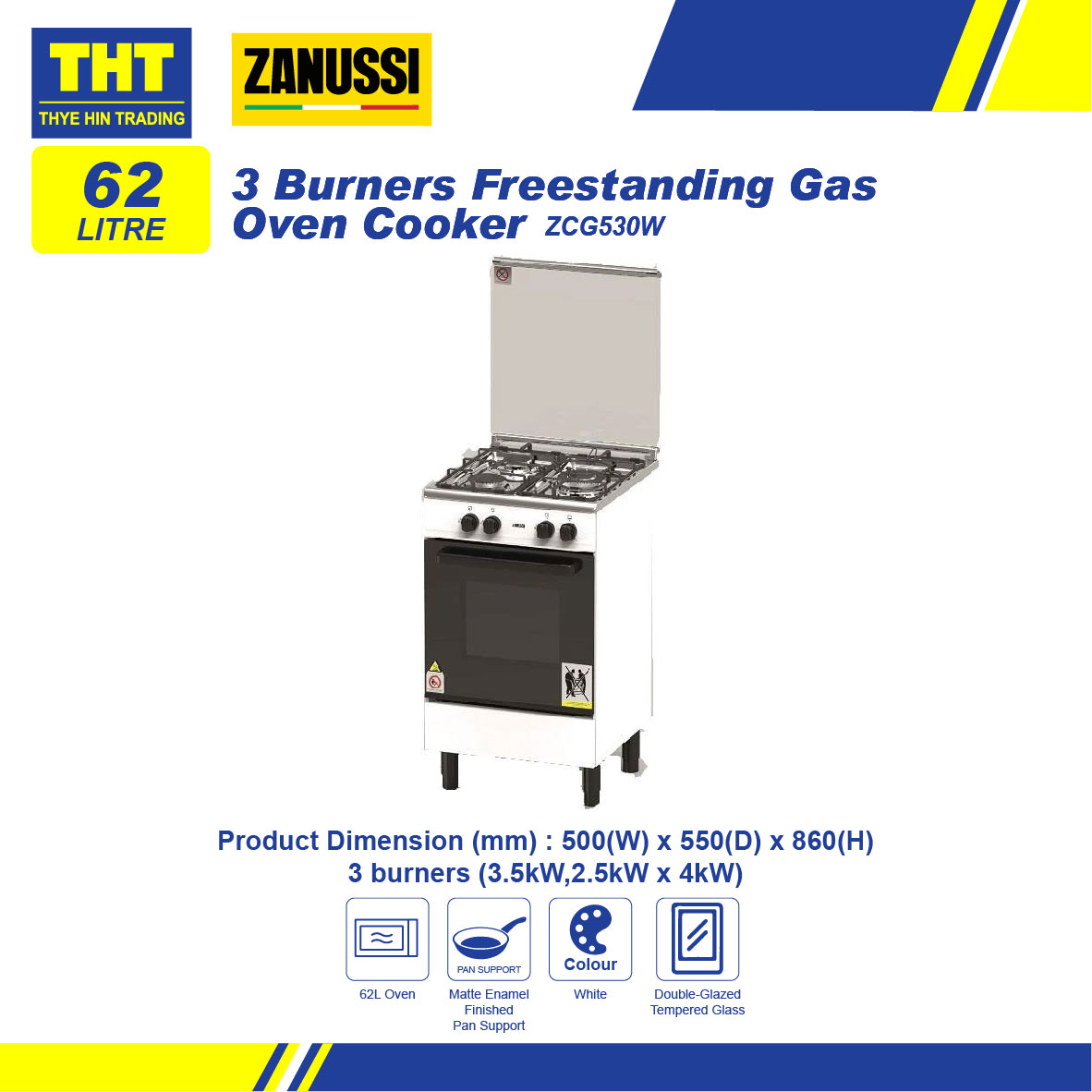 Zanussi Gas Oven Cooker (62L/50cm) 3Burners Freestanding Gas Cooker
