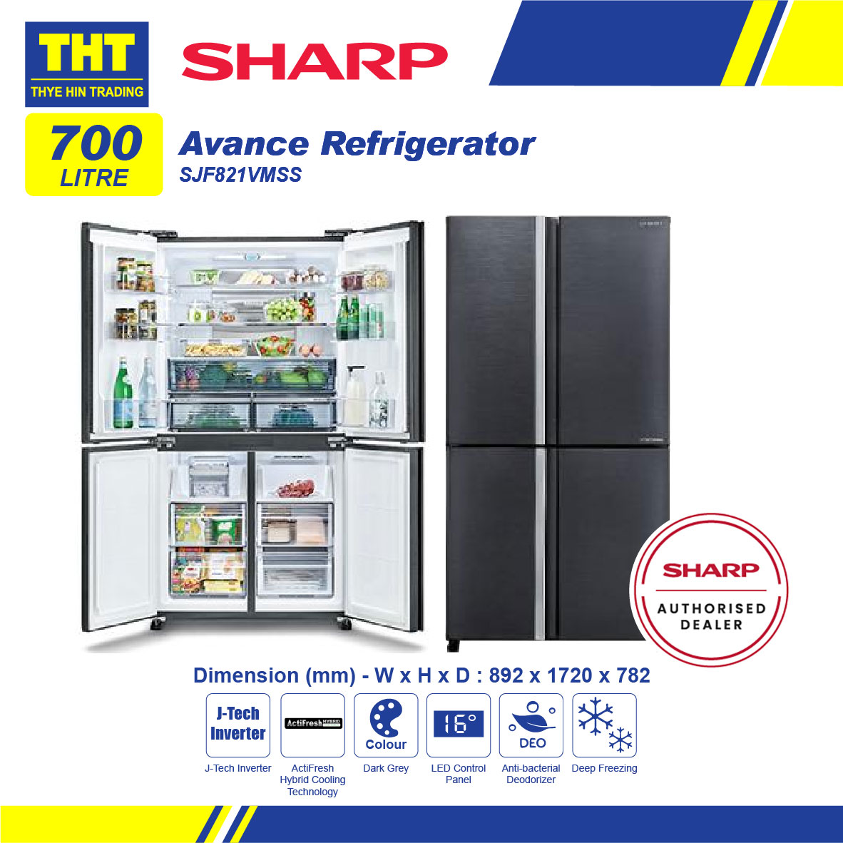 [700L] Sharp JTech Inverter Multi Door Refrigerator SJF821VMSS