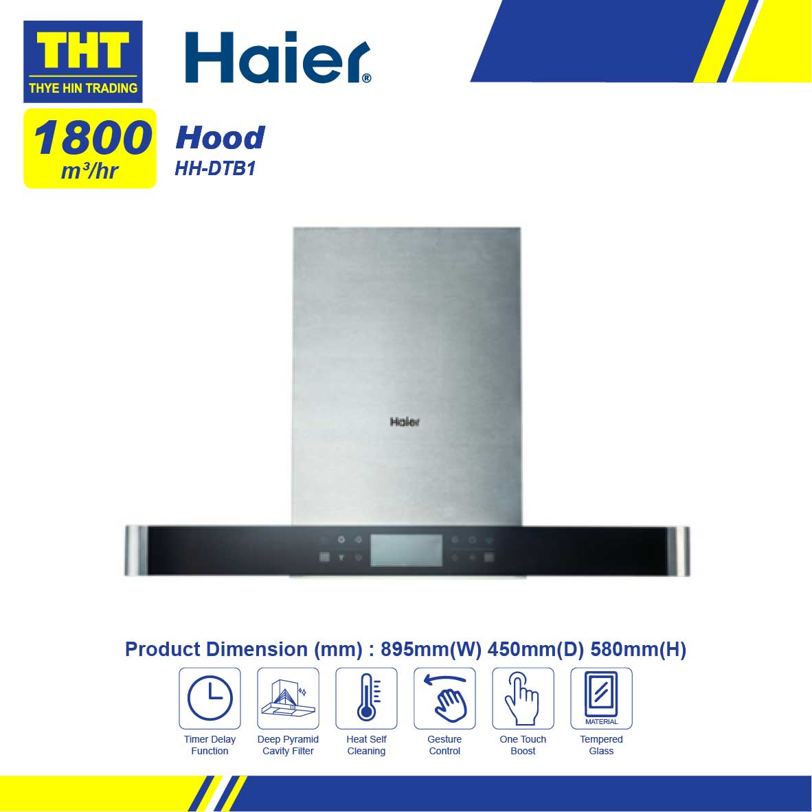 Haier 1800m3/hr Cooker Hood With Auto Clean & Gesture Control HHDTB1
