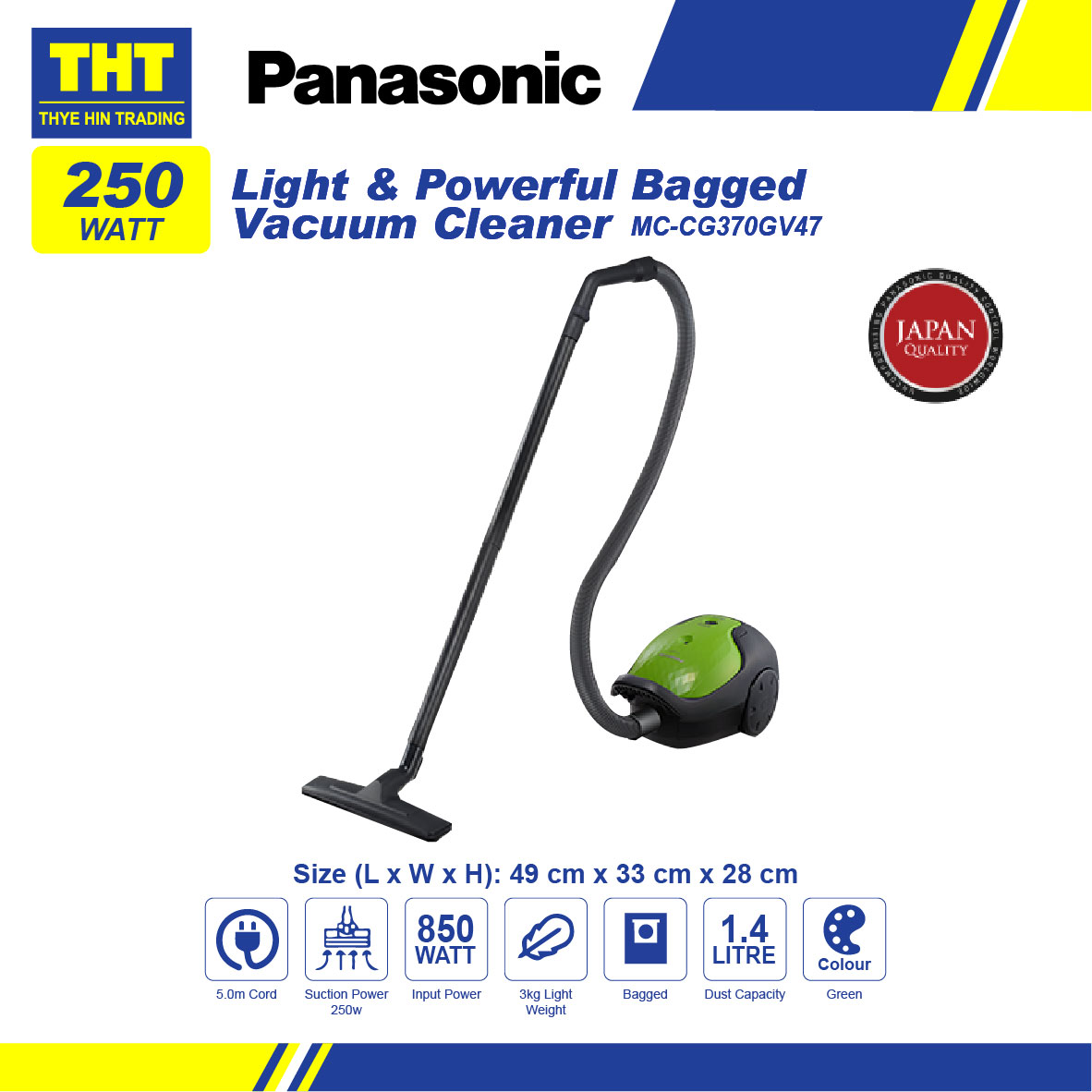 Panasonic 850W Light & Powerful Bagged Vacuum Cleaner MCCG370GV47
