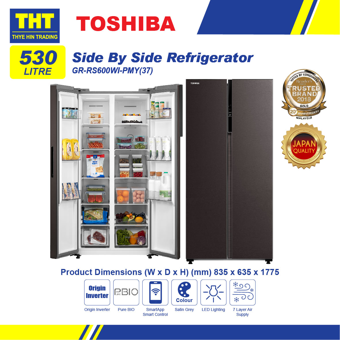 [530L] Toshiba Inverter Side By Side Refrigerator GRRS600WIPMY(37)