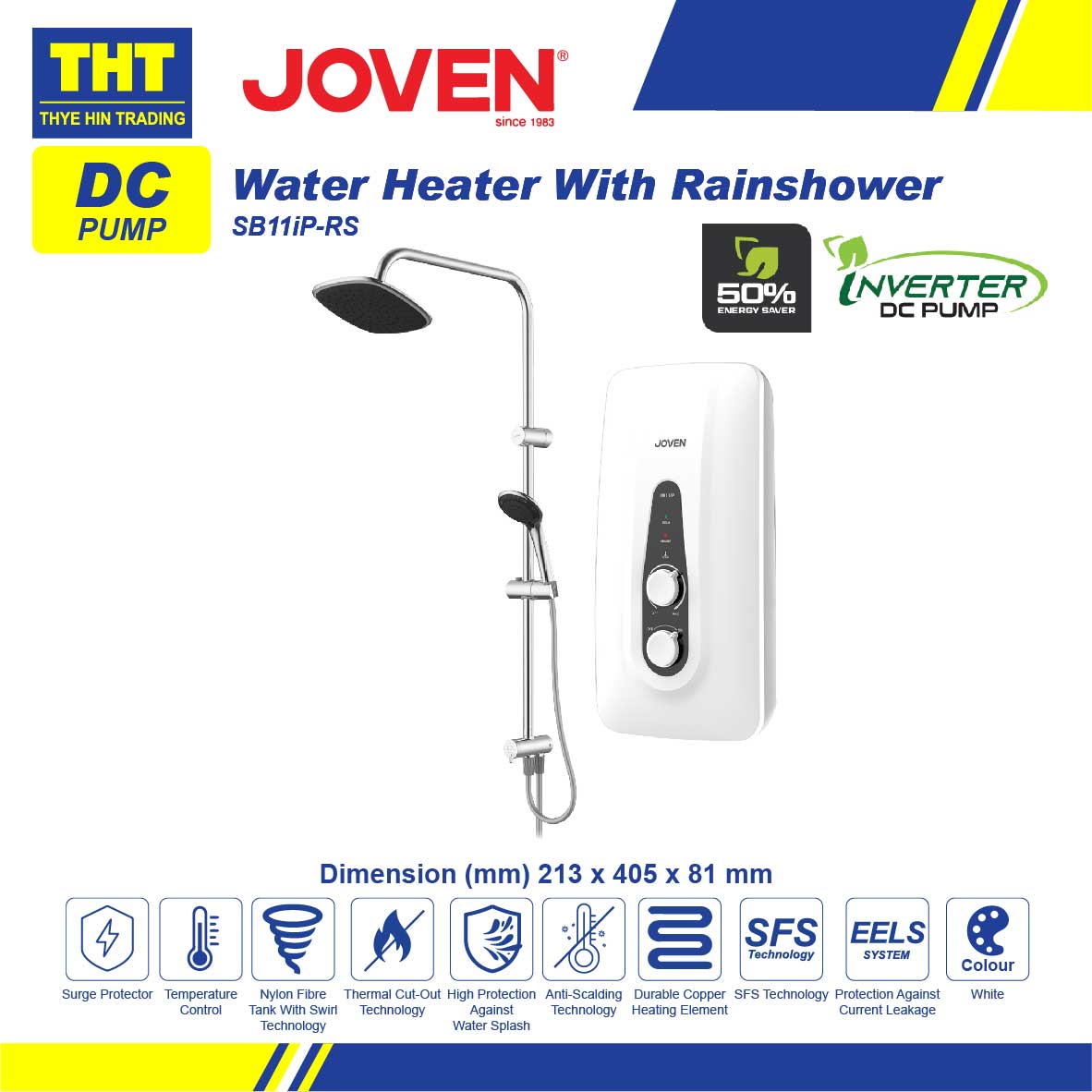 Joven Inverter DC Silent PUMP water Heater With Rain Shower White Color  SB11iP With RS ( White )