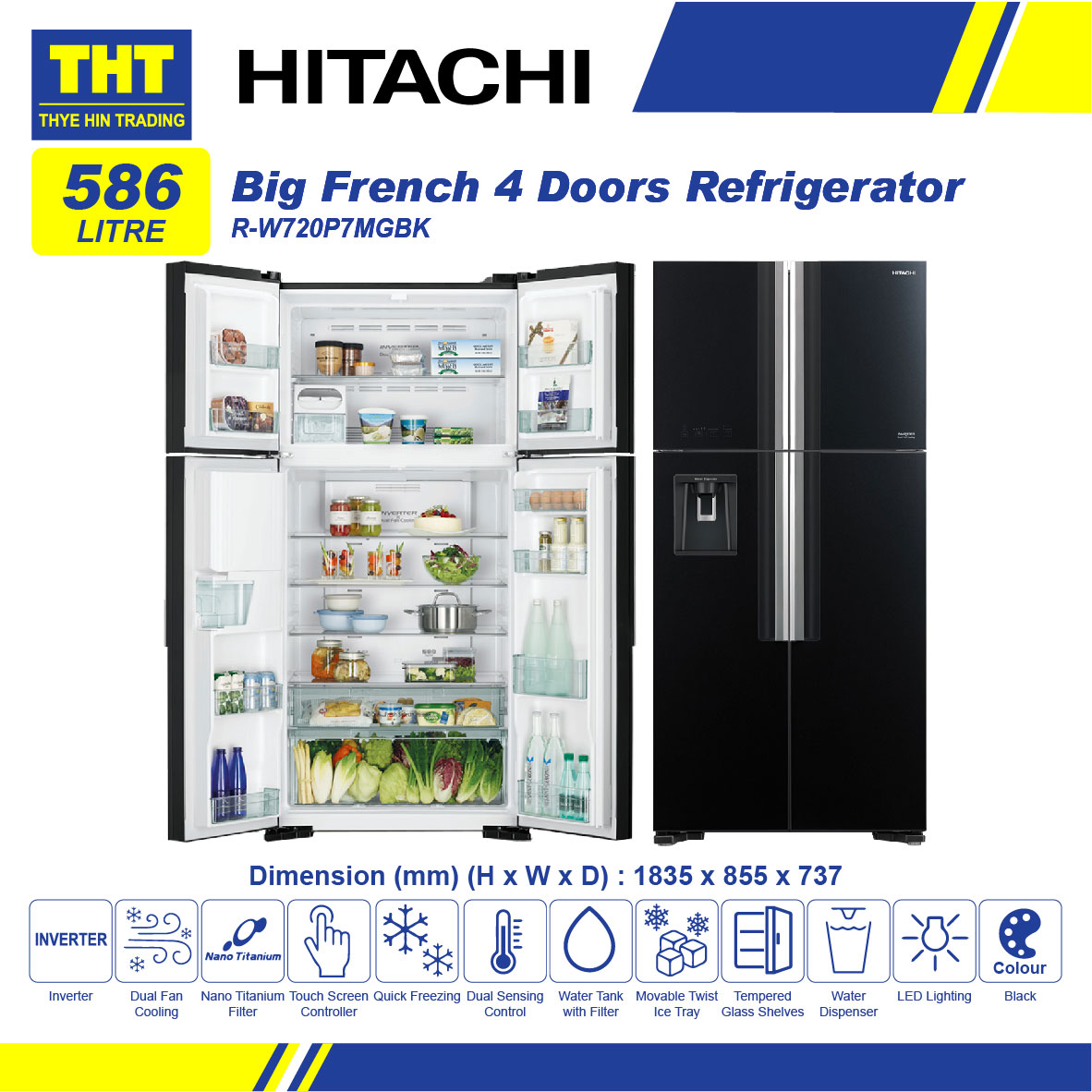 Hitachi 586L Big French SidebySide 4Door Refrigerator RW720P7M