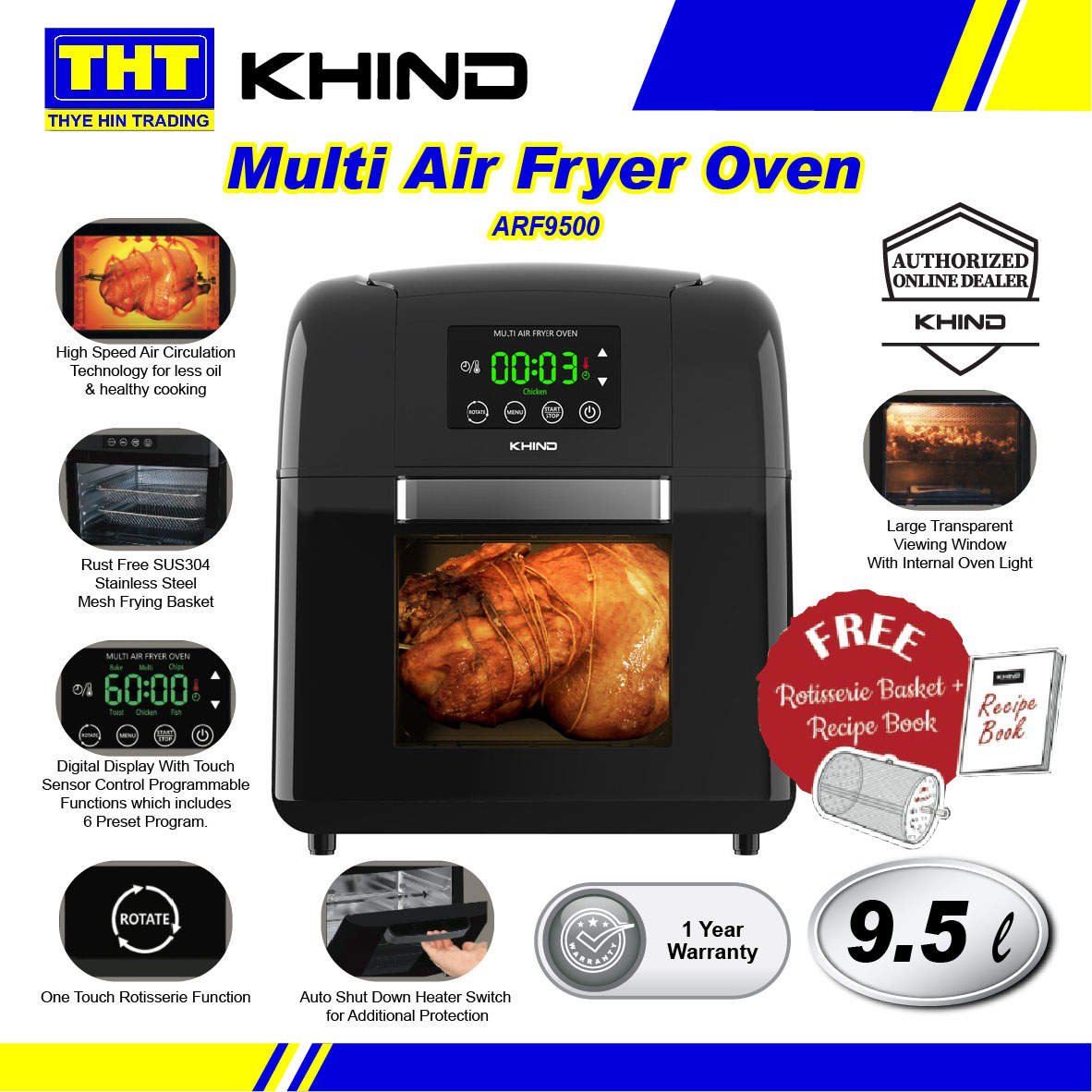KHIND 9.5L MULTI AIR FRYER OVEN WITH HIGH SPEED AIR CIRCULATION ARF9500