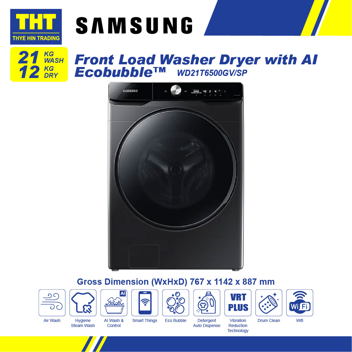 [21 / 12KG] Samsung Front Load Washer Dryer with AI Ecobubble
