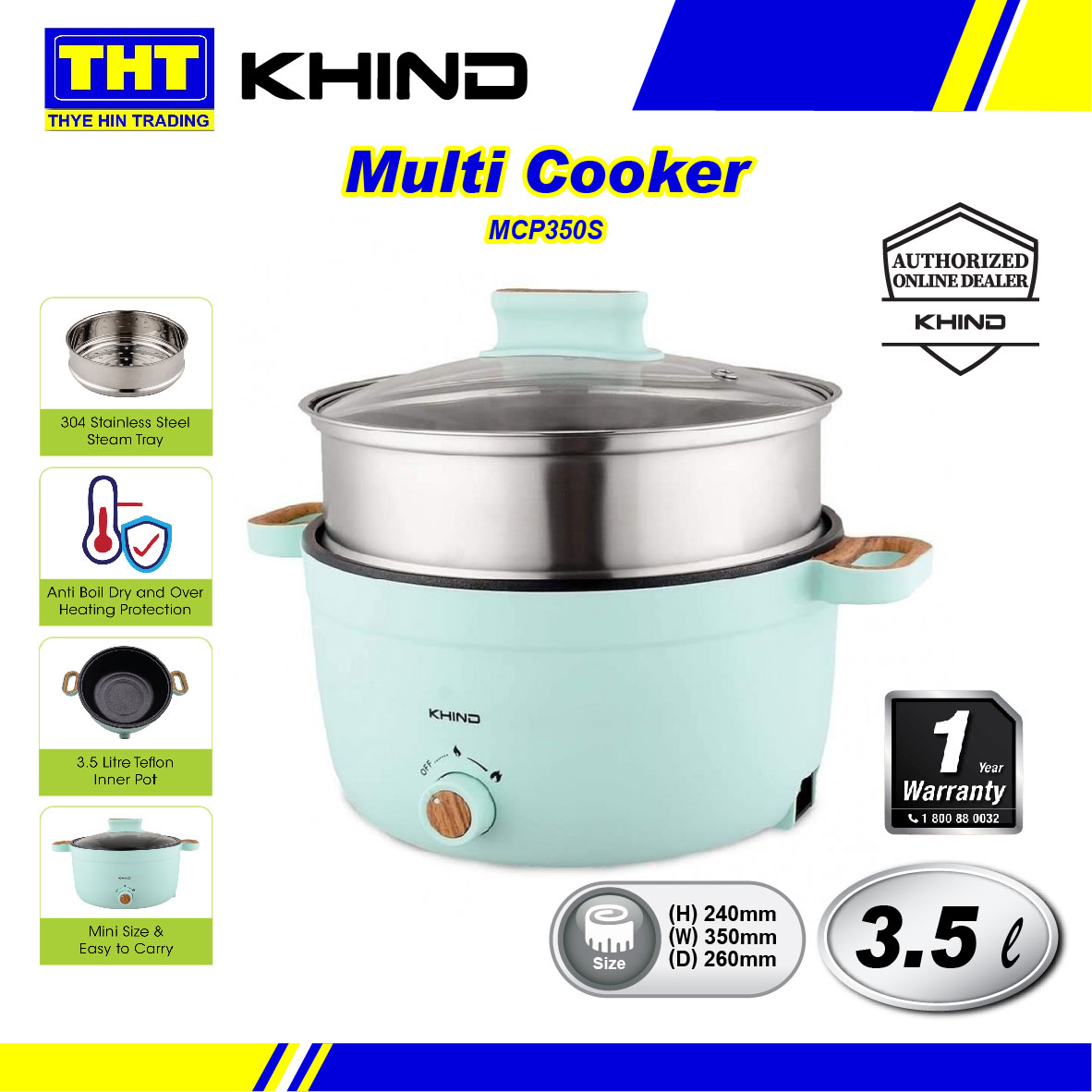 Khind 3.5L Multi Cooker With Stainless Steel Steam Tray MCP350S