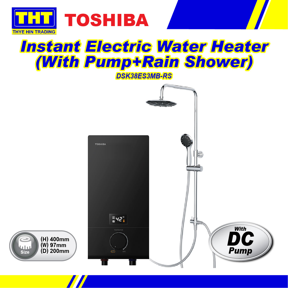 Toshiba Instant Electric Water Heater With Pump and Rain Shower